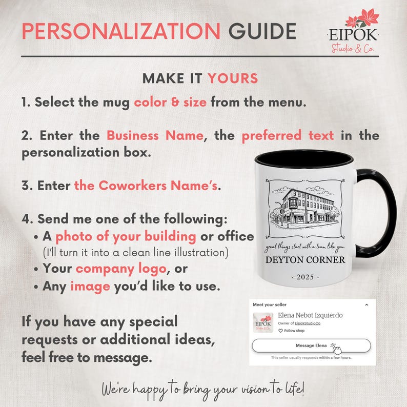 May include: A white mug with a black interior and handle, featuring a custom illustration of a building and the text "DEYTON CORNER 2025." The image also includes instructions for personalization, including selecting mug color and size, and entering a business name.