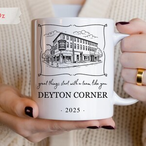 ceramic mug with team appreciation message, personalized company name and year, and team member names on the back, perfect gift for coworkers