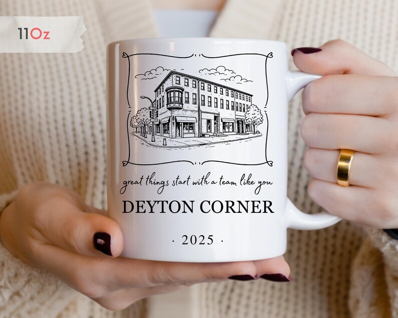 ceramic mug with team appreciation message, personalized company name and year, and team member names on the back, perfect gift for coworkers