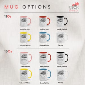 May include: Collection of white ceramic mugs with various colored handles and interior accents. The mugs are available in 11oz and 15oz sizes. Each mug features a black and white illustration of a building and text.