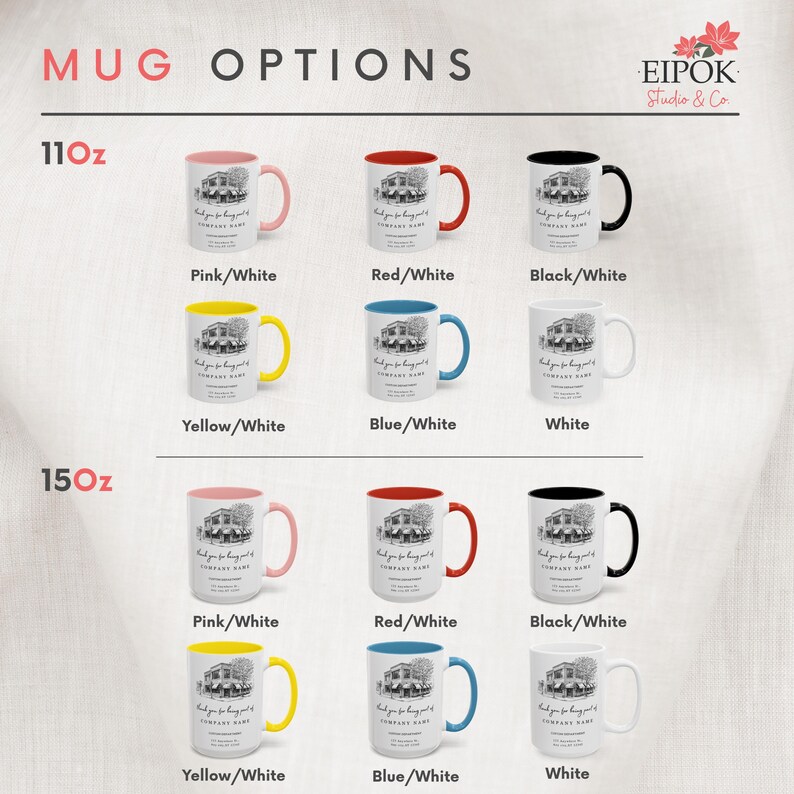 May include: Collection of white ceramic mugs with various colored handles and interior accents. The mugs are available in 11oz and 15oz sizes. Each mug features a black and white illustration of a building and text.