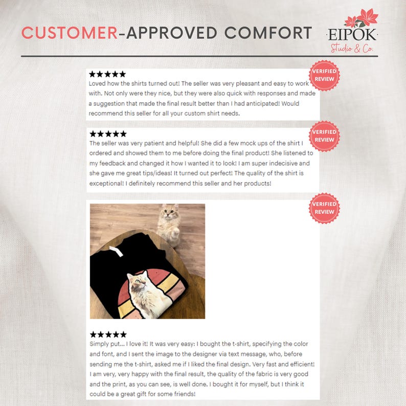 May include: Image features a black t-shirt with a graphic of a cat in a retro sunset design. The text "CUSTOMER-APPROVED COMFORT" is at the top, with customer reviews and the logo "EIPOK Studio & Co." visible. Verified review badges are also present.