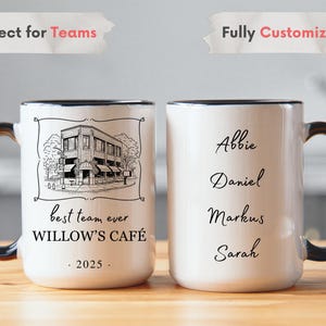ceramic mug with team appreciation message, personalized company name and year, and team member names on the back, perfect gift for coworkers