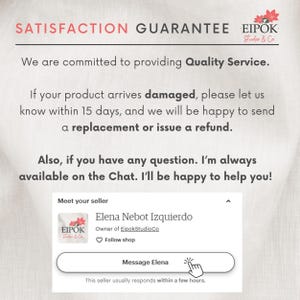 May include: Image with text: "SATISFACTION GUARANTEE" and "We are committed to providing Quality Service." Also includes seller information and a message button. The seller usually responds within a few hours.