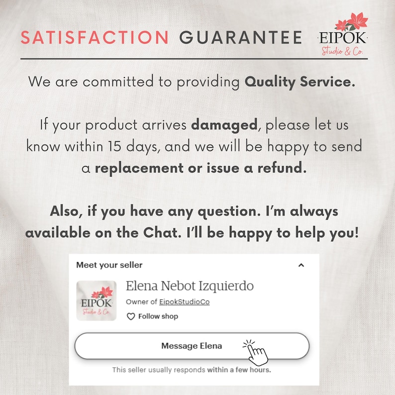May include: Image with text: "SATISFACTION GUARANTEE" and "We are committed to providing Quality Service." Also includes seller information and a message button. The seller usually responds within a few hours.