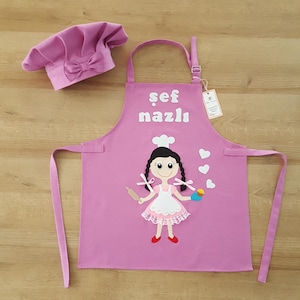 Personalised Children Apron, kitchen apron for kids, custom kids apron and hat, kids apron gift, baking apron, named apron, cute chef apron