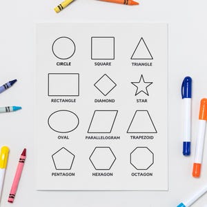 May include: A black and white printable worksheet with various geometric shapes, including a circle, square, triangle, rectangle, diamond, star, oval, parallelogram, trapezoid, pentagon, hexagon, and octagon. The worksheet is surrounded by colorful crayons and markers.