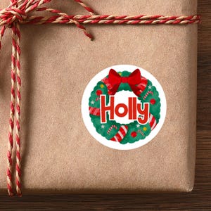 Christmas Personalised wreath Name Stickers – 40mm Glossy Gift Labels, 24 Stickers per Sheet, Custom Wreath Tags for Presents