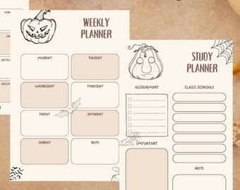 Op de afbeelding: Halloween-thema planners met pompoen illustraties. De set bevat een jaar-, week- en studieplanner, elk met een ander pompoengezichtontwerp. De tekst "Halloween work and life planner" wordt bovenaan weergegeven. De achtergrond bevat pompoenen.