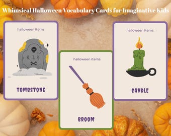 Puede incluir: Tres tarjetas de vocabulario de Halloween con ilustraciones y texto. La primera tarjeta muestra una lápida gris con una calavera y huesos cruzados y el texto "R.I.P.". La segunda tarjeta muestra una escoba morada y naranja. La tercera tarjeta muestra una vela verde con una llama.