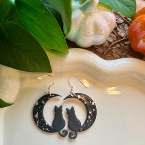 Black Cat on Moon Earrings – Silver Accents