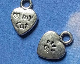 SALE, 10 TINY 'love my cat' heart charms, double sided with pawprint, silver tone, 11mm