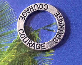 10 'COURAGE' circle charms, silver tone, 22mm