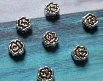 20 tiny rose beads, etched outline, silver tone, 6mm