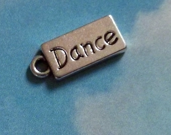 10 rectangular 'dance' charms, silver tone, tag style, 17mm
