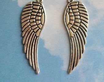 4 HUGE feathered wing charms, silver tone, 50mm