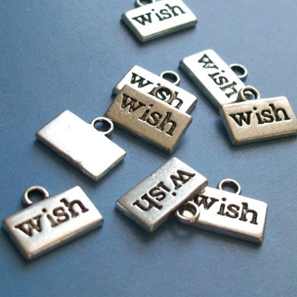 10 'wish' charms, silver tone, 13mm