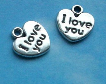 SALE - 20 'I love you' heart charms, silver tone, double sided, 12mm