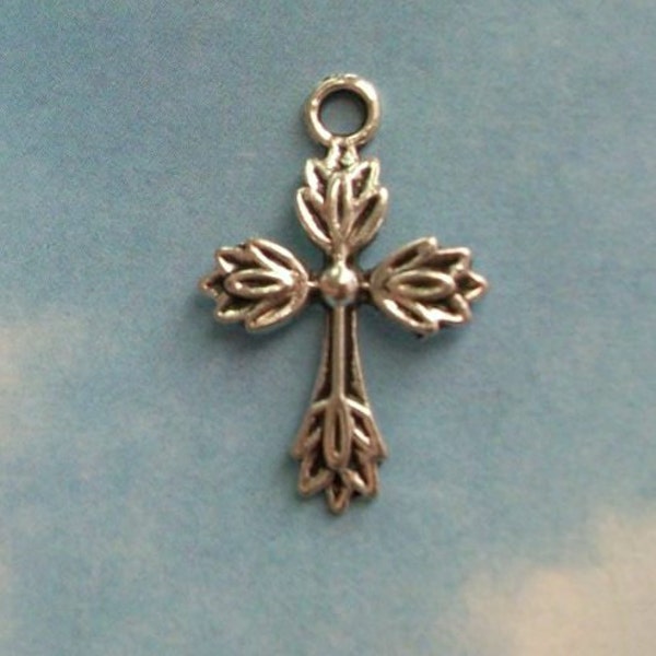 SALE, 20 cross charms with ornate leafy details, silver tone, 26mm