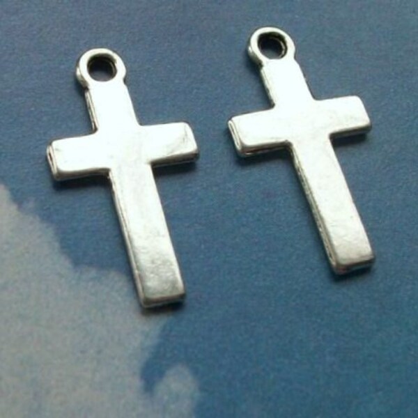 10 simple, smooth cross charms, double sided, silver tone, 25mm