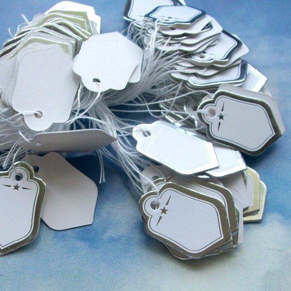 80 silver edged price tags with string, white with cool star detail, 26mm