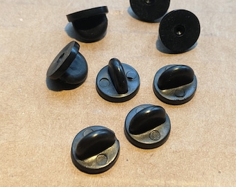 10 replacement pin backs, sturdy black rubber, 11mm