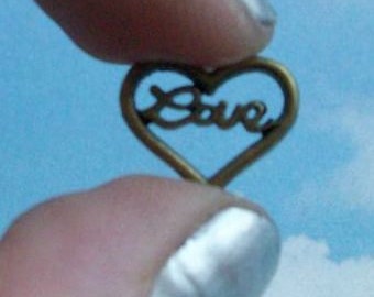 SALE - 20 heart charms or connectors with 'Love' in script, bronze tone, 13mm