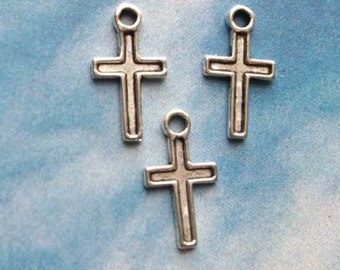 SALE - 20 tiny cross charms with raised outline, antiqued silver tone, 15mm