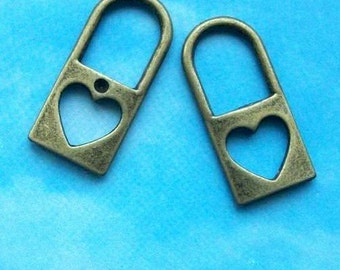 SALE, 20 heart padlock charms, antiqued bronze tone, 25mm