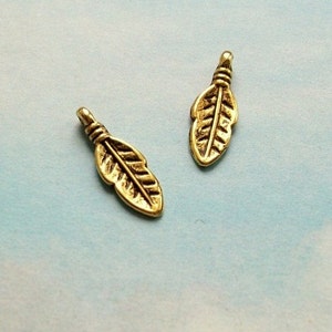 May include: Two gold-colored metal feather charms with a detailed design. The charms have a loop at the top for attaching to jewelry or other crafts.