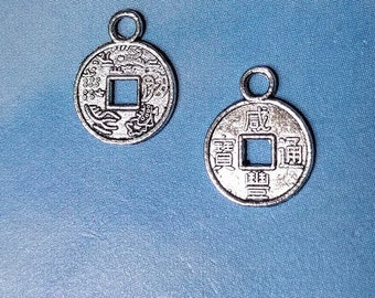 20 tiny Chinese coin charms, silver tone, 12mm
