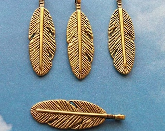 10 feather charms, shiny antiqued gold tone, 30mm