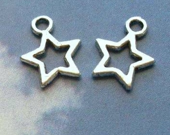 20 tiny star outline charms, silver tone, 12mm