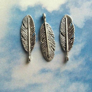 10 feather charms, silver tone, 30mm image 1