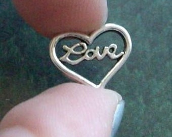 SALE - 20 heart charms or connectors with 'Love' in script, silver tone, 13mm