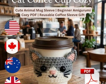 Crochet Cat Coffee Cup Cozy Pattern Book | Cute Animal Mug Sleeve | Beginner Amigurumi Cozy PDF | Reusable Coffee Sleeve Gift