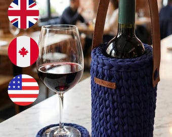 Crochet Wine Tote Pattern | Leather Handle & Coasters (PDF Pattern)