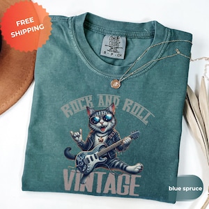 Rock and Roll Rocker Cat Vintage Tee & Sweatshirt–Guitar-Playing Kitty Retro Band Shirt, Comfort Colors Unisex, Funny Gift for Music Lovers