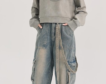 Retro Blue Wide Leg Cargo Jeans, Loose Straight Cargo Pants, Washed Denim Pants, Black Jeans,  Baggy Jeans, Y2K Streetwear Jean CG34