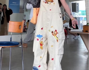 Retro Embroidered Cartoon Overalls, Vintage Denim Overalls, S-4XL Oversized Overalls, Cargo Denim Pants, Y2K Streetwear Overalls - CG144