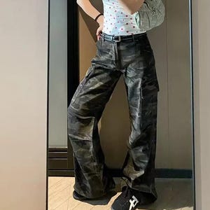 Camouflage Hip Hop American Multi Pockets Wide Leg Jeans, Y2K Denim Pants, Oversized Denim Trousers, Y2K Jeans, Streetwear Pants - CG106