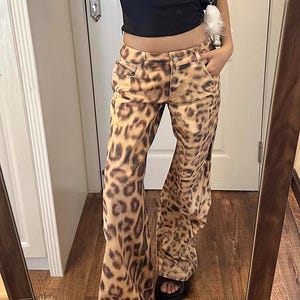 Y2K Retro Washed Leopard Print Jeans Women, Hip Hop Mopping Trousers, Cargo Pants, Y2K Pants, Streetwear Pants, Oversize Jeans - CG103
