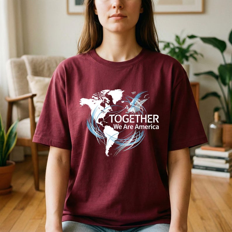 Puede incluir: Camiseta burdeos con un gr&aacute;fico blanco de un mapa del mundo y el texto "TOGETHER We Are America". El dise&ntilde;o incluye l&iacute;neas onduladas azules y blancas. La camiseta es de manga corta y tiene cuello redondo.