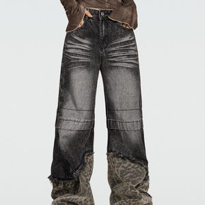 Y2K High Waisted Baggy Leopard Print Patchwork Jeans, American Retro Street Wash Loose Wide Leg Jeans, Y2K Jeans, Harajuku Trousers - CG88