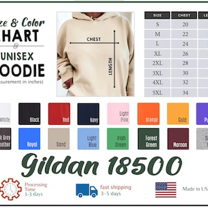 Puede incluir: Una tabla de tallas y colores para una sudadera con capucha unisex, con medidas en pulgadas. La tabla incluye tallas S a 5XL, medidas de pecho de 50.8 a 86.4 cm y largos de 68.6 a 86.4 cm. Opciones de color: blanco, negro, rojo, azul marino y m&aacute;s.