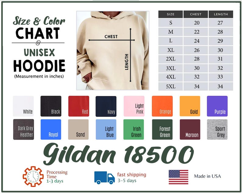 Puede incluir: Una tabla de tallas y colores para una sudadera con capucha unisex, con medidas en pulgadas. La tabla incluye tallas S a 5XL, medidas de pecho de 50.8 a 86.4 cm y largos de 68.6 a 86.4 cm. Opciones de color: blanco, negro, rojo, azul marino y m&aacute;s.