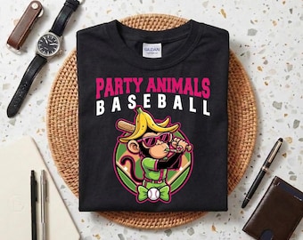 Camiseta de béisbol con diseño de animales de fiesta, divertida camiseta deportiva con gráficos, adorable camiseta de béisbol con mono plátano, regalo para amantes del béisbol.