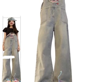 Oversized Denim Overalls Women, Vintage LN Denim Overalls, Denim Cargo Pants, Streetwear Overalls, Wige Leg Jumpsuits, Denim Jumpsuit- CG145