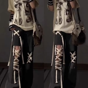 Y2K Ribbon Ripped Hole Baggy Jeans, Vintage Oversize Cargo Pants, Spodnie Harajuku, Y2K Jeans, Baggy Jeans, Spodnie Streetwear - CG77