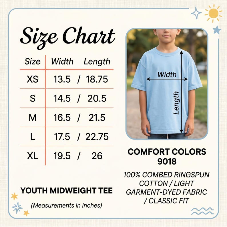 May include: A light blue youth t-shirt with a size chart showing measurements in inches. The chart lists sizes XS to XL, with width measurements from 13.5 to 19.5 inches and lengths from 18.75 to 26 inches. The shirt is Comfort Colors 9018, made of 100% combed ringspun cotton.